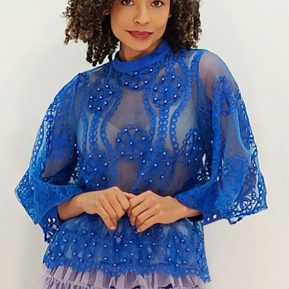 NEW boutique Sheer cut out blouse sheer Royal Blue w pearl details lace sz S